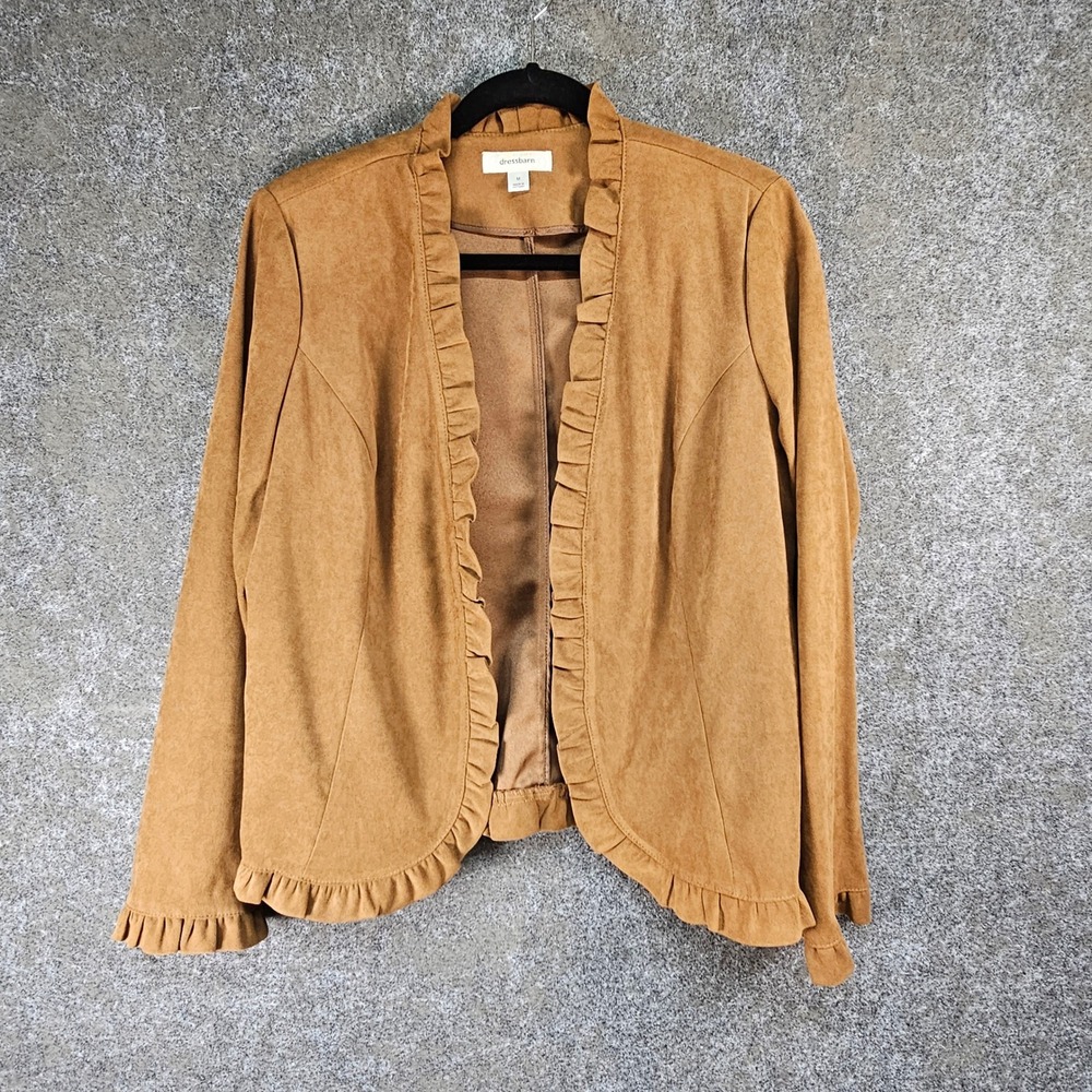 Dressbarn Faux Suede Open-Front Ruffke Jacket, Brown, Size Medium